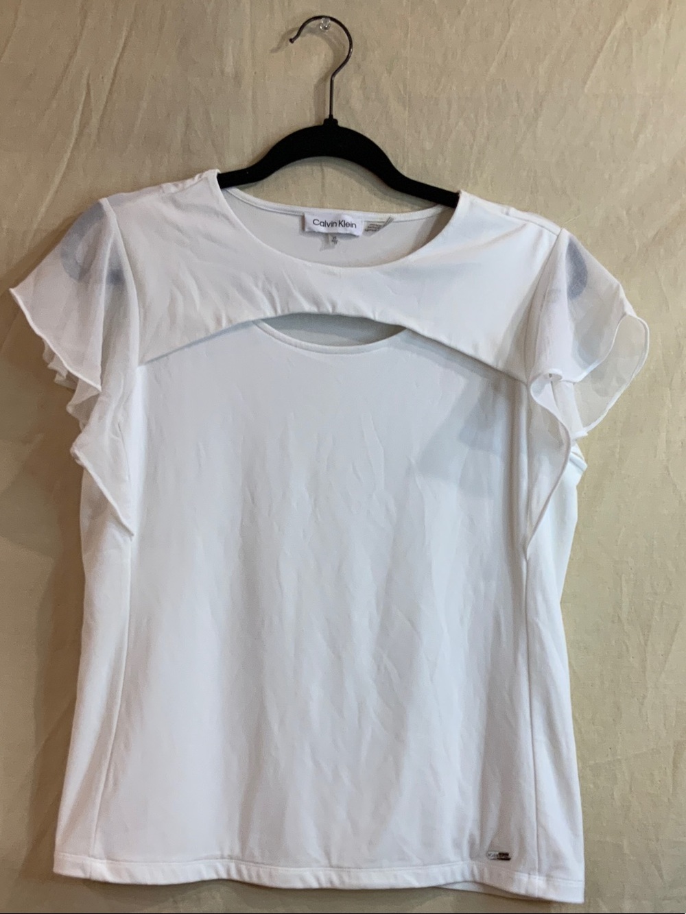 Calvin Klein White Flutter-Sleeve Keyhole Neck Top